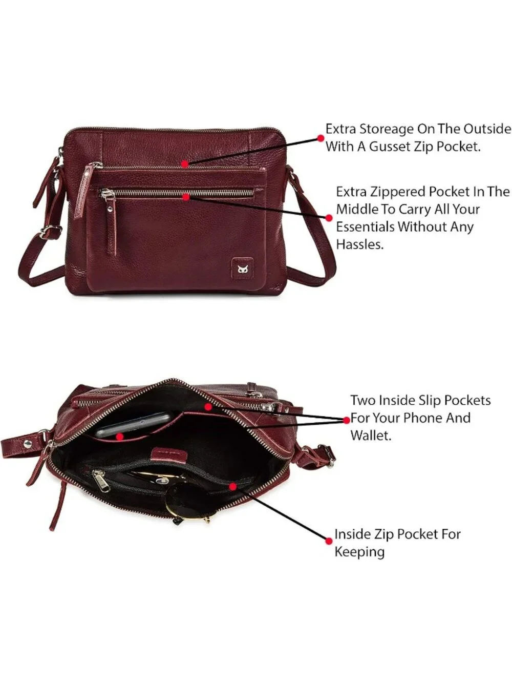 Women's Burgundy Genuine Leather Sling Purse with Adjustable Strap Crossbody bag